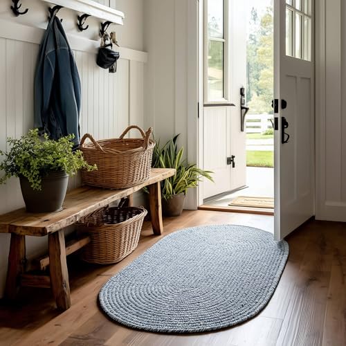 Marineblau-weißer geflochtener Teppich, 60 x 90 cm, oval, Premium-Teppich für drinnen und draußen, für Eingangsbereich, Küche, Bad, hergestellt in den USA Marineblau-weißer geflochtener Teppich, 60 x 90 cm, oval, Premium-Teppich für drinnen und draußen, für Eingangsbereich, Küche, Bad, hergestellt in den USA von Super Area Rugs