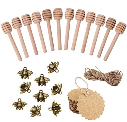 Super Idee 25stk. Vintage Bronze Biene mit Ösen+25stk. Holz Honiglöffel+25stk. Kraftpapier Etiketten+10m Bastelschnur für Honiggläser Gläser Deko DIY als Gastgeschenk bei Hochzeit Taufe Dankeschön von Super Idee