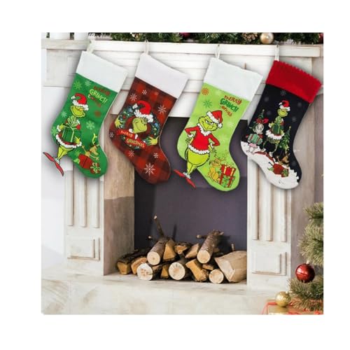 Super Idee 4er Set Grinch inspirierte Strümpfe einzigartiger Muster-Stil Weihnachtsstrümpfe 46cm Große Weihnachtssocken Kamin Hängenden Strumpf für Familienurlaub Weihnachten Party von Super Idee