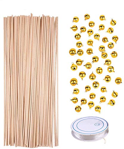 Super Idee 50stk. Holzstäbe Glücksstäbe 30cm+50stk. goldenen Glöckchen+5 Meter Elastikband für DIY Wedding Wands Hochzeit Geburtstag Party Perfekt zum Basteln von Super Idee