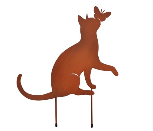 Super Idee Edelrost Katze und Schmetterling mit den Steckern für den Boden zum Eindrehen Höhe 31 cm Breit 35 cm Vintage Frühling Rost Deko Metall Roststecker Gartenstecker Rostoptik Rosttiere (Groß) von Super Idee