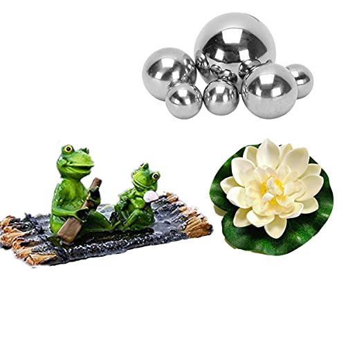 Super Idee Garten Teiche Deko Set Schwimmtier Zwei Frösche mit Silber Kugeln und 2 STK Lotusblüte als Gartendekoration für Miniteich Springbrunnen Teichbecken (Frösche auf Bambusfloß) von Super Idee