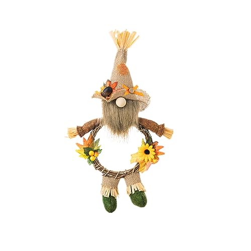 Super Idee Herbstkranz Türkranz Süßer Wichtel Figuren mit Hut aus Jute Nase Bart Künstliche Ahornblätter Eicheln und Blumen Aufhängen für Haustür, Kamin und Wanddekoration Türschild zum Aufhängen von Super Idee