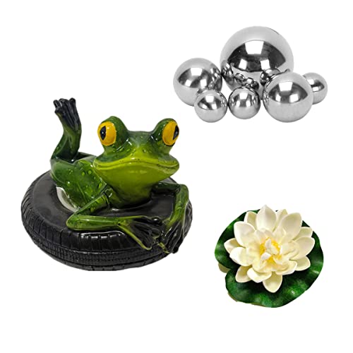 Super Idee Klein Garten Teiche Deko Set Frosch auf Reifen Schwimmtier mit 6 Schwimmkugeln und 2 STK Schwimmend Lotusblüte als Gartendekoration für Miniteich (Liegend Frosch) von Super Idee