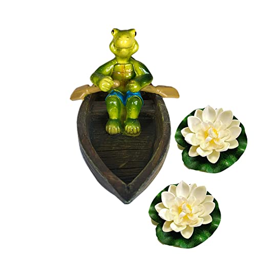 Super Idee Miniteich Deko Schildkröte mit 2 Schwimmend Lotusblüte schwimmend Teichfigur für Miniteich Terrassenteich Zinkwannen Solarbrunnen Innenbrunnen Deko (Schildkröte auf Holzboot) von Super Idee