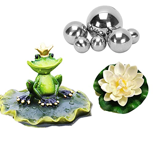 Super Idee Miniteich Deko Set Frosch auf Blatt Teichfigur mit 6 Schwimmkugeln und 2 Schwimmend Lotusblüte für Miniteich Terrassenteich Zinkwannen Solarbrunnen Garten Balkon Teiche Deko (Froschkönig) von Super Idee