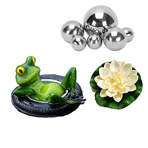 Super Idee Miniteich Deko Set Schwimmfrosch mit 6 Silber Kugeln und 2 STK Lotusblüte für Miniteich Terrassenteich Zinkwannen Solarbrunnen Garten Balkon Teiche Deko (Frosch auf Reifen) von Super Idee