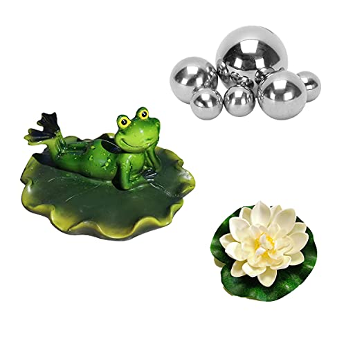 Super Idee Schwimmende Teichdeko Miniteich Deko Set Liegend Frosch auf Lotosblatt mit 6 Silber Kugeln und 2 STK Lotusblüte für Terrassenteich Zinkwannen Solarbrunnen Garten Balkon Teiche Deko von Super Idee