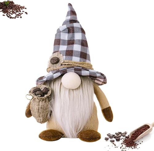 Super Idee Stehende Niedliche Kaffee Wichtel Kaffeezwerg mit Kaffeebohnen Schwedisch Tomte GNOME Figuren Geburtstag Geschenk für Arbeit Büro Kollegen Männer Frauen (3D Gingham Hut) von Super Idee