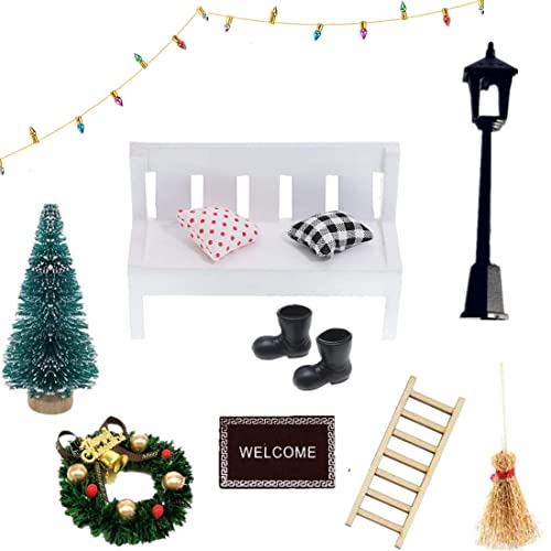 Super Idee Wichteltür Zubehör Set Miniatur Bank Mini Stiefel Straßenlaterne Weihnachtsbaum Dekokranz Holzleiter Besen Zuckerstange Teppichdecke Verzierungen für Wichtel Tür (Miniatur Bank Set) von Super Idee