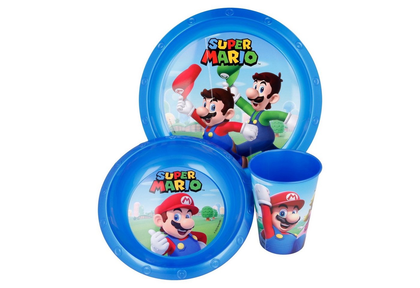 Super Mario Frühstücks-Geschirrset Super Mario Kinder Geschirr-Set 3 teilig Becher Teller Schüssel (3-tlg), 1 Personen, mit Mario, Luigi von Super Mario