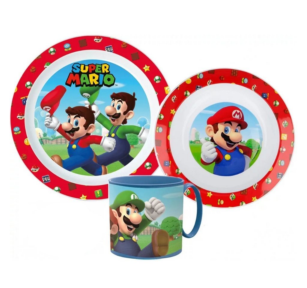 Super Mario Kindergeschirr-Set Super Mario und Luigi Kinder Geschirr-Set 3 teilig (3-tlg), 1 Personen, Kuststoff, Becher Teller Schüssel von Super Mario