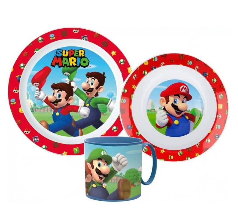 Super Mario Kindergeschirr-Set Super Mario und Luigi Kinder Geschirr-Set 3 teilig (3-tlg), 1 Personen, Kuststoff, Becher Teller Schüssel von Super Mario