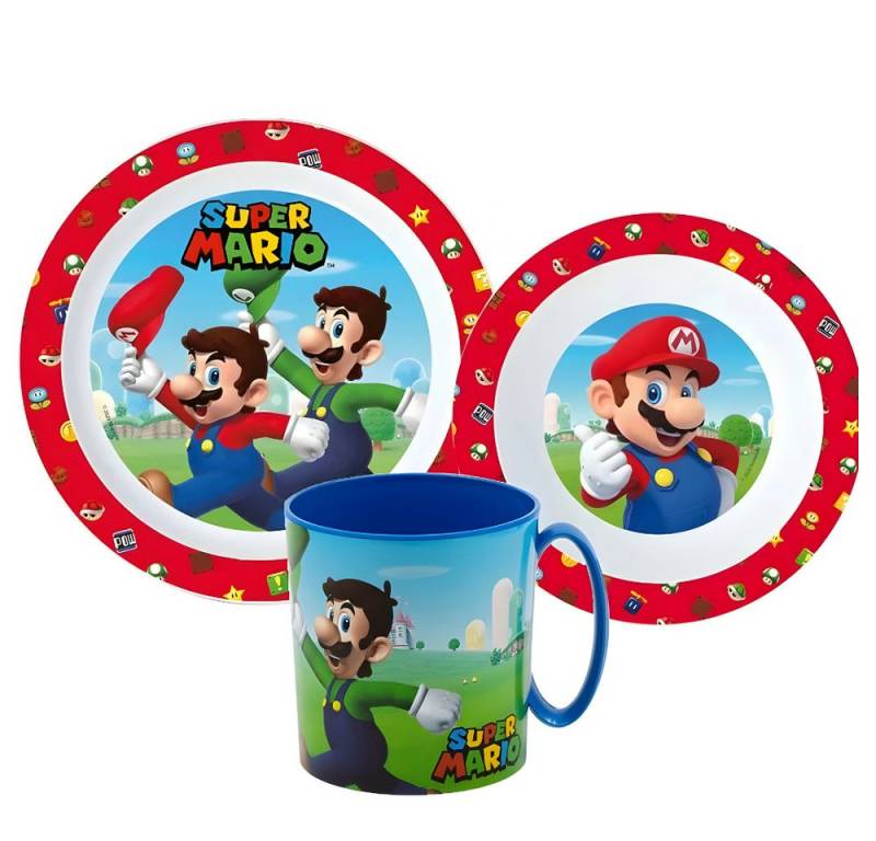 Super Mario Kindergeschirr-Set Super Mario und Luigi Kinder Geschirr-Set 3 teilig (3-tlg), 1 Personen, Teller Schüssel Becher 350ml von Super Mario