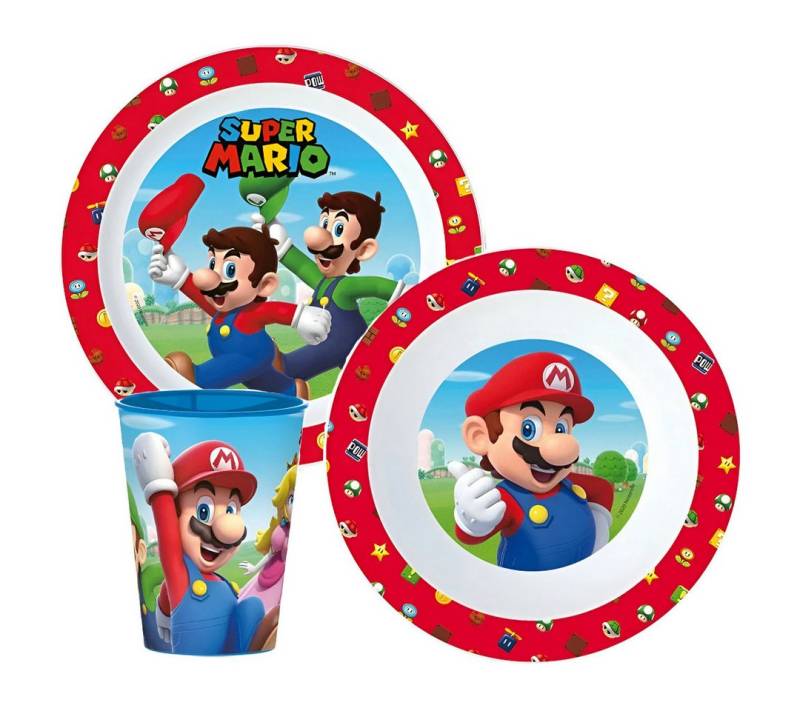 Super Mario Kindergeschirr-Set Super Mario und Luigi Kinder Geschirr-Set 3 tlg Becher Teller Schüssel (3-tlg), 1 Personen, BPA-Frei von Super Mario