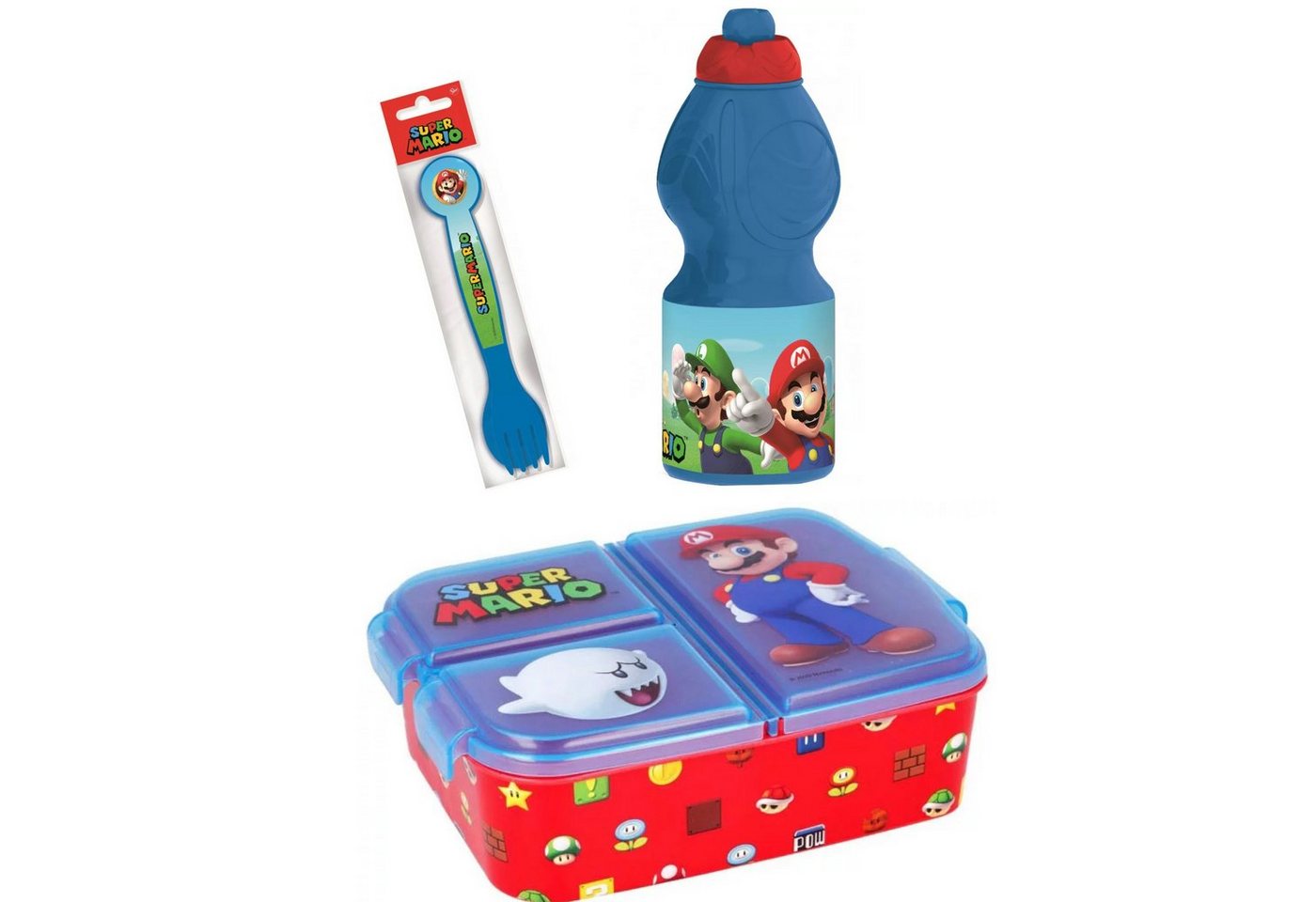 Super Mario Lunchbox Super Mario 4 teiliges Set Brotdose, Trinkflasche und Besteck, Kunststoff, (4-tlg) von Super Mario