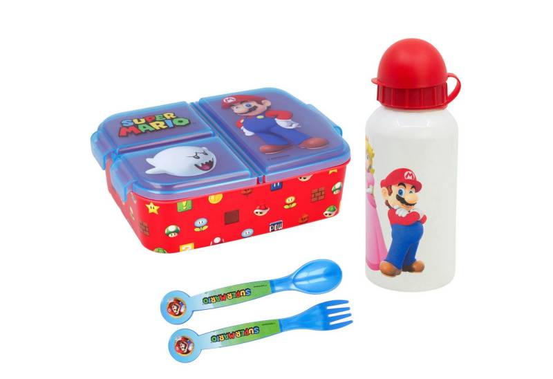 Super Mario Lunchbox Super Mario Luigi Kinder 4 teiliges Set, (4-tlg., Spar-Set), Brotdose - Gabel Löffel Alu-Trinkflasche von Super Mario