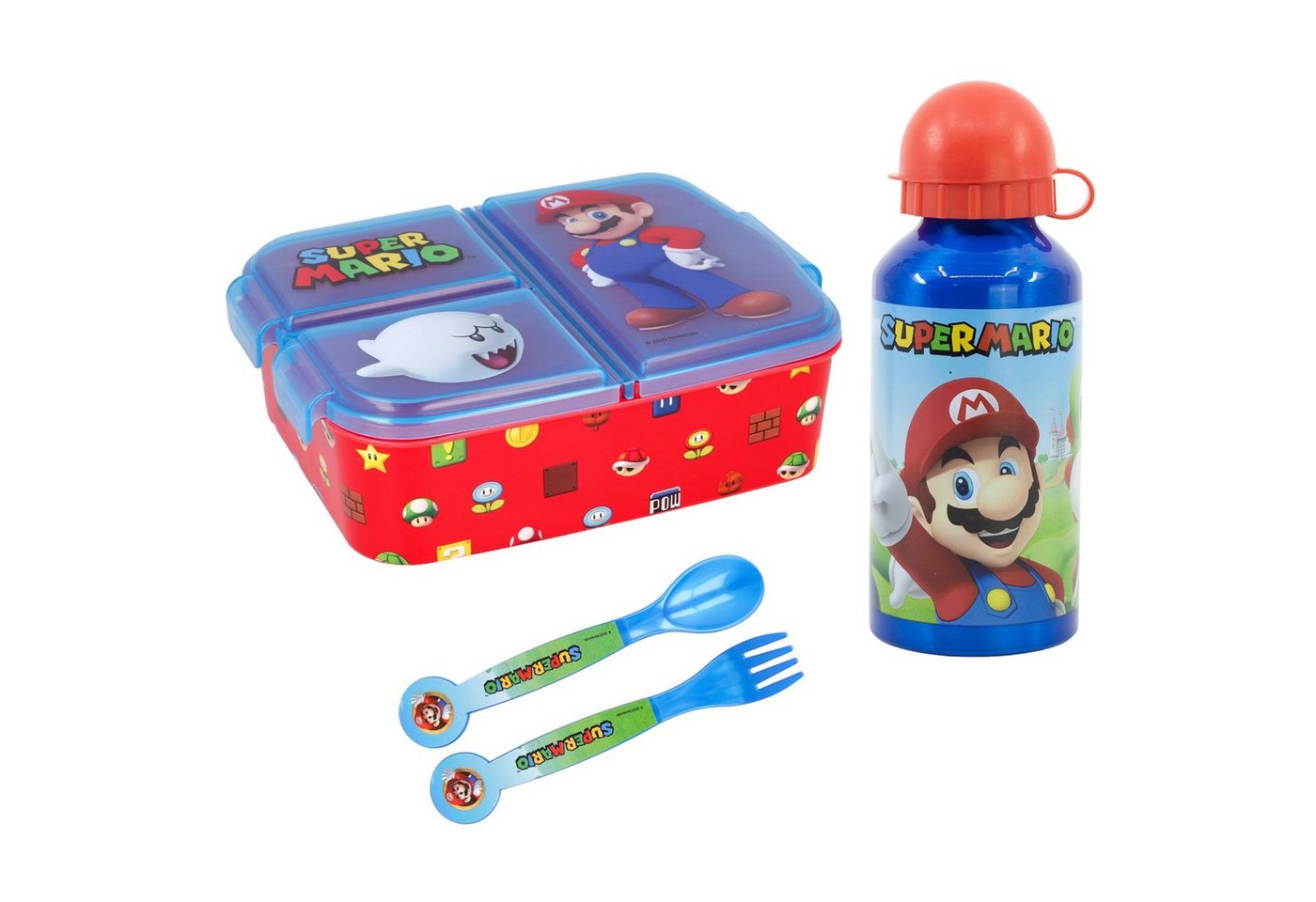 Super Mario Lunchbox Super Mario Luigi Kinder 4 teiliges Set, Kunststoff, (4-tlg), Brotdose - Gabel Löffel Alu-Trinkflasche von Super Mario