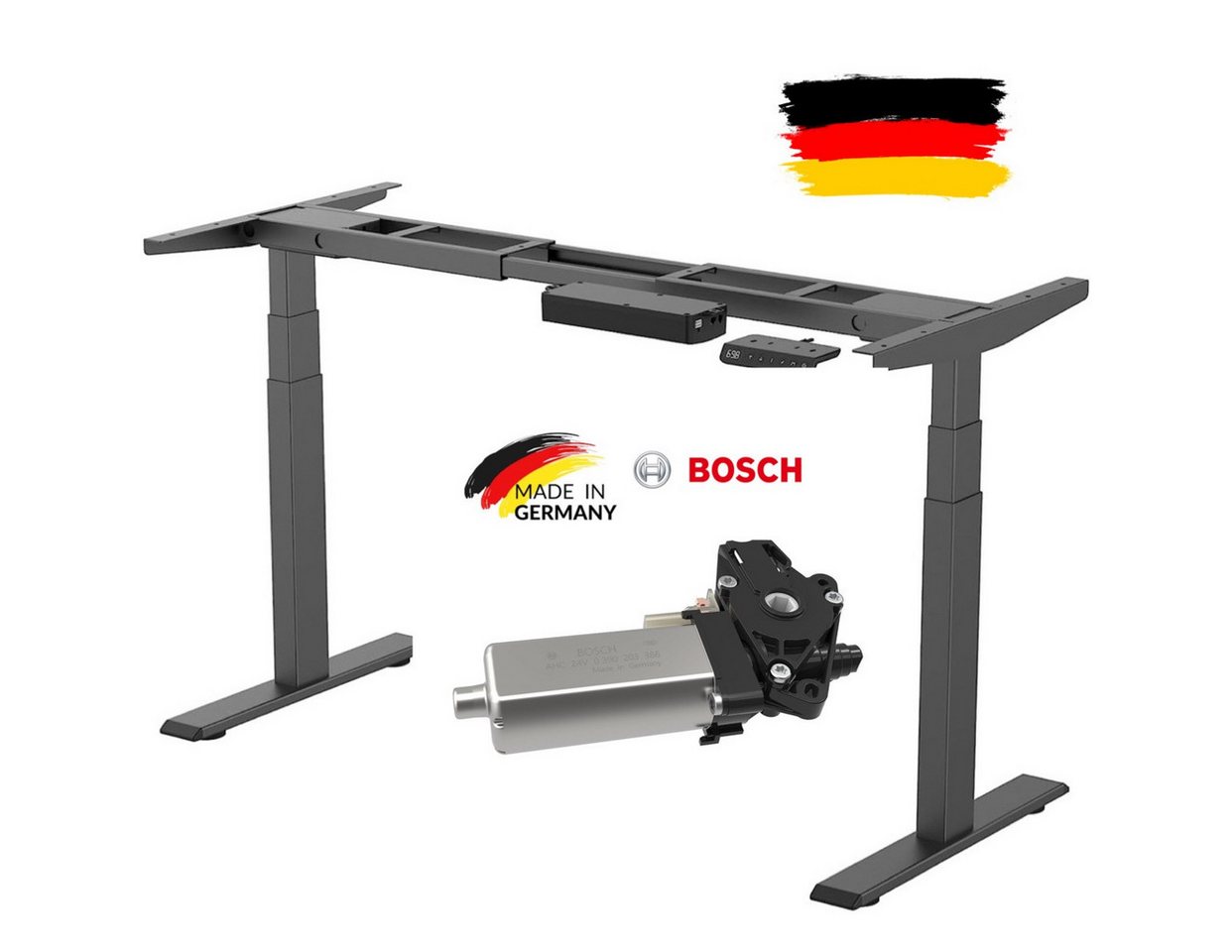 Super Solu Schreibtisch BOSCH Stark Dual-Motoren Elektrisch Höhenverstellbares Tischgestell (3-Fach-Teleskop Schwarz, 1-St., 2USB/ 2 Motoren /4 Memory), Antikollisionssystem von Super Solu