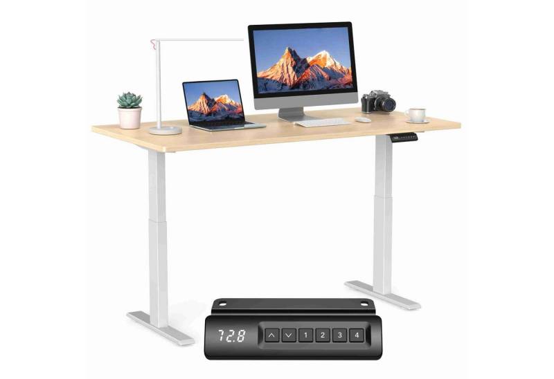 Super Solu Schreibtisch Elektrisch Höhenverstellbarer Schreibtisch mit Dualmotor (Weiß Tischgestell mit Beige Tischplatte, 2-fach-Teleskop, Tischplatte: 140(B)x70(T)cm), 4 Memory/ Antikollisionssystem/ Langes Sitzen Erinnerung von Super Solu