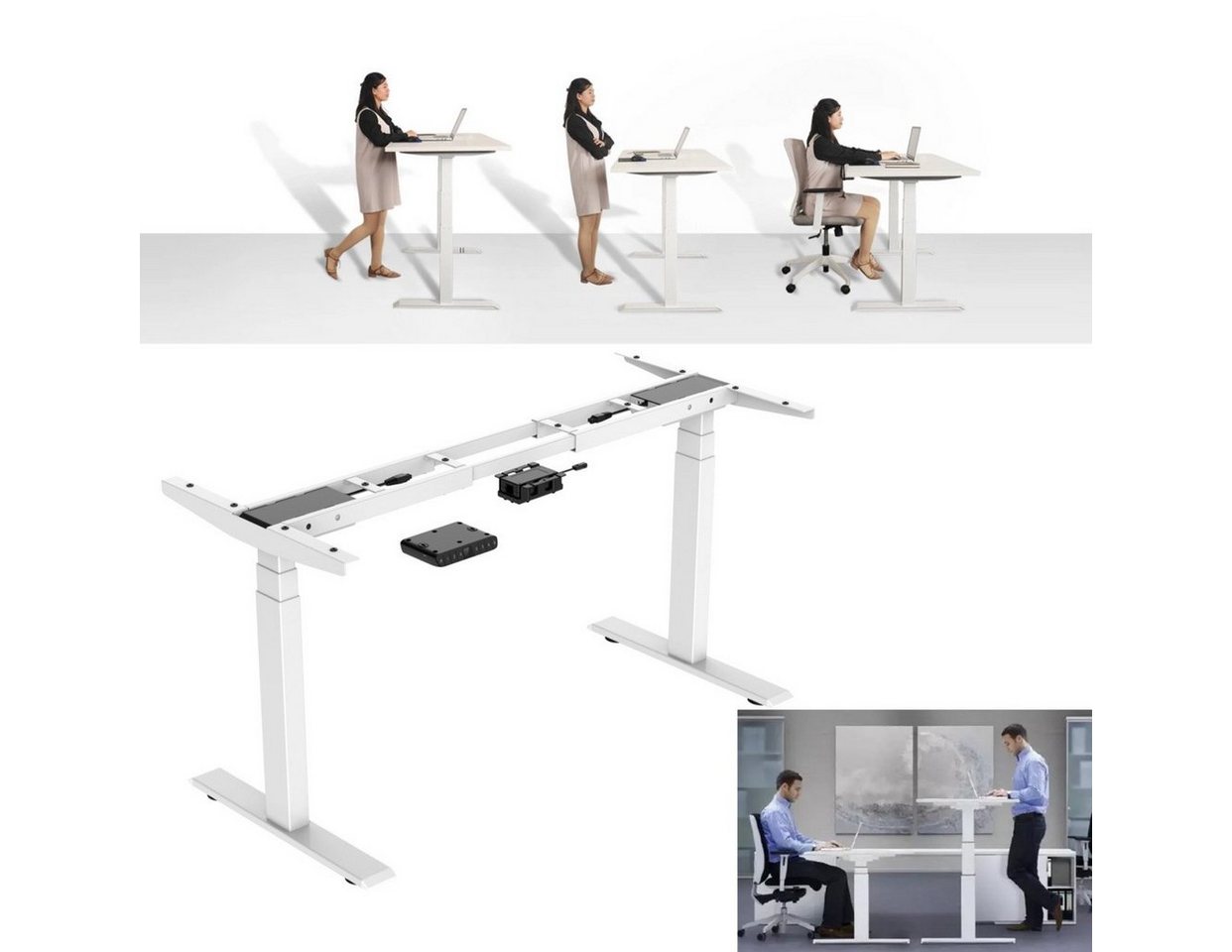 Super Solu Schreibtisch Elektrisch Höhenverstellbares Tischgestell Dual-Motor 3-Fach-Teleskop (2USB/ 2 Motoren /4 Memory Funktionen, 1-St), Antikollisionssystem von Super Solu