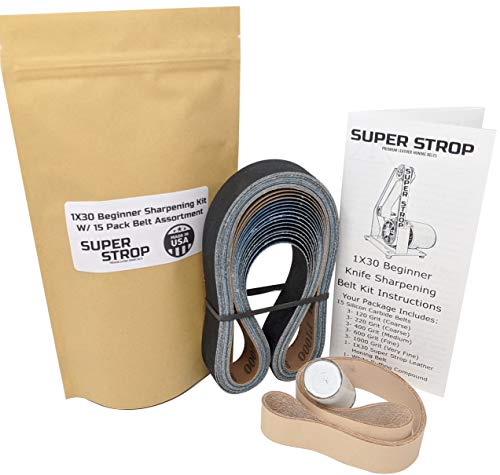 1 x 30 Super Strop Anfänger-Messerschärf-Set mit 15-teiliges Schleifsortiment und Lederschleifband – detaillierte Anleitung enthalten (evtl. nicht in deutscher Sprache) von Super Strop