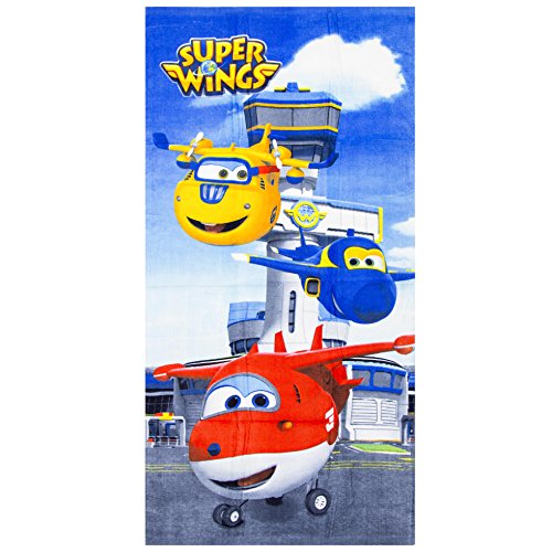 Super Wings Strandtuch mit Jett, Donnie und Jerome für Kinder, 70 x 140 cm Blau von Super Wings