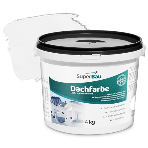 Superbau Dachfarbe Weiß 4kg, Sockelfarbe WASSERDICHT, Fassadenfarbe für Außen, Dachbeschichtung für Blechdach, Bitumen, Dachpappe, Schindeln, Putz, Dachbeschichtungsfarbe von SuperBau