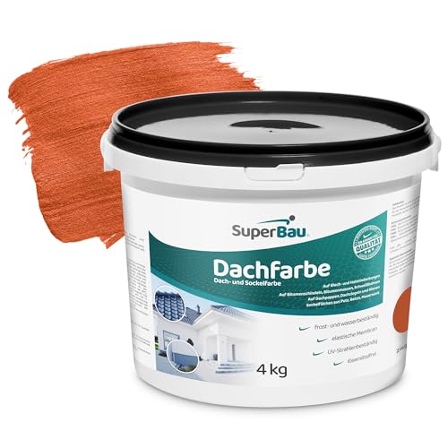 Superbau Dachfarbe Ziegelrot 4kg, Sockelfarbe WASSERDICHT, Fassadenfarbe für Außen, Dachbeschichtung für Blechdach, Bitumen, Dachpappe, Schindeln, Putz, Dachbeschichtungsfarbe von SuperBau