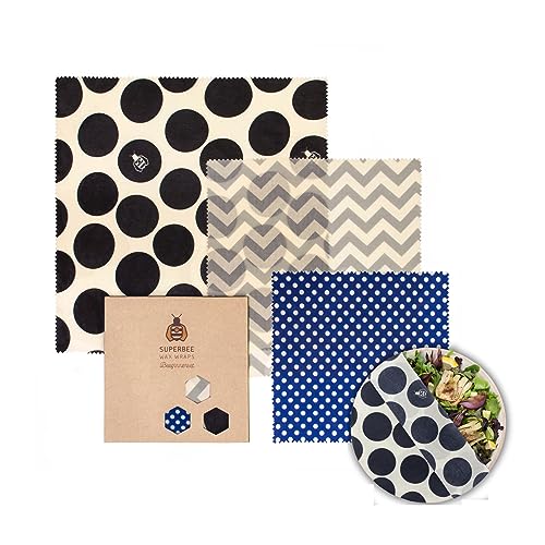 SuperBee Wax Wraps Set 3 Beeswax Wraps in den Größen S,M & L Hipster Wiederverwendbar, Umweltfreundlich und Ethisch hergestellt. 20 x 20 cm, 26 x 26 cm, 33 x 33 cm von SuperBee Wax Wraps