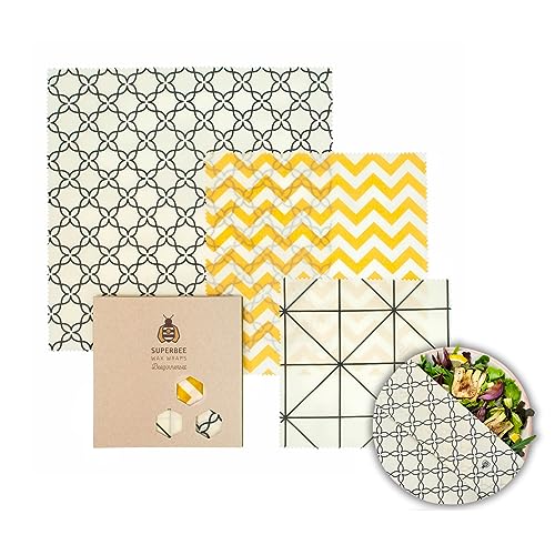 SuperBee Wax Wraps Set 3 Beeswax Wraps in den Größen S,M & L Classic Wiederverwendbar, Umweltfreundlich und Ethisch hergestellt. 20 x 20 cm, 26 x 26 cm, 33 x 33 cm von SuperBee Wax Wraps