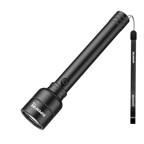 SuperFire Extrem Hell Taschenlampe Extra Lang für Selbstverteidigung, Fester Fokus, Lange Reichweite mit 6 modi, 8000mAh, Robustes Überlebenswerkzeug, Wasserdichte für Notfall & Camping & Wandern von SuperFire