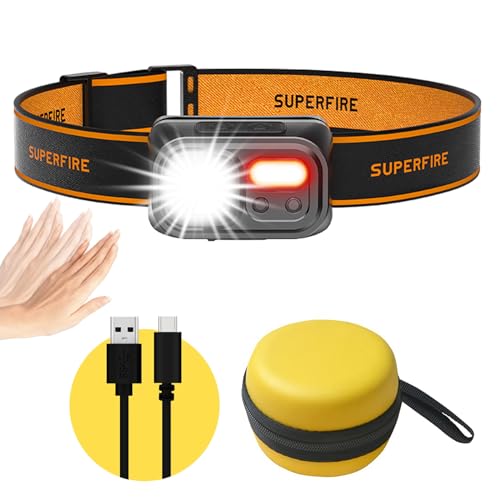 SuperFire Stirnlampe LED Wiederaufladbar, 800 Lumen Superhell, Bis zu 12 Stunden+ Laufzeit, IP44, 9 Module mit Sensorsteuerung für Höhlenforschung, Nächtliche Abenteuer, Angeln, Camping von SuperFire
