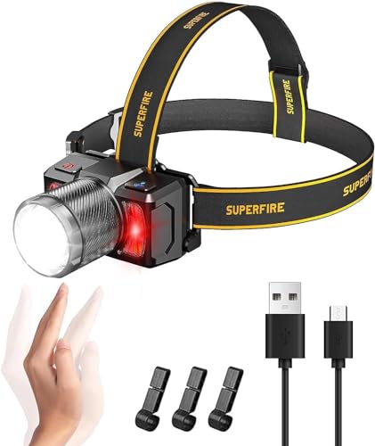 SuperFire Stirnlampe LED Wiederaufladbar, 2000 Lumens Superhell USB C Kopflampe mit Rotlicht und Bewegungssensor 8 Lichtmodi IPX6 Wasserdicht 90° Einstellbar Zoombar Headlamp für Laufen Camping von SuperFire