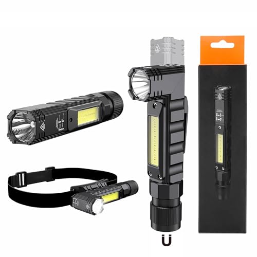 SuperFire taschenlampe mit magnet,taschenlampe led aufladbar arbeitsleuchte taschenlampe 90 grad,5 lichtmodi mit rot licht wiederaufladbar IP42 wasserdicht für wandern outdoor notfälle camping von SuperFire
