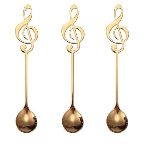SuperglockT 3er Set Musiklöffel 15.5cm Edelstahl Löffel süße Musiknote Eislöffel Teelöffel rostfrei poliert Latte Macchiato Löffel Set Dessertlöffel Geschenk (Gold) von SuperglockT