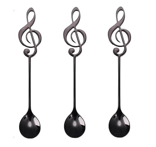 SuperglockT 3er Set Musiklöffel 15.5cm Edelstahl Löffel süße Musiknote Eislöffel Teelöffel rostfrei poliert Latte Macchiato Löffel Set Dessertlöffel Geschenk (Schwarz) von SuperglockT