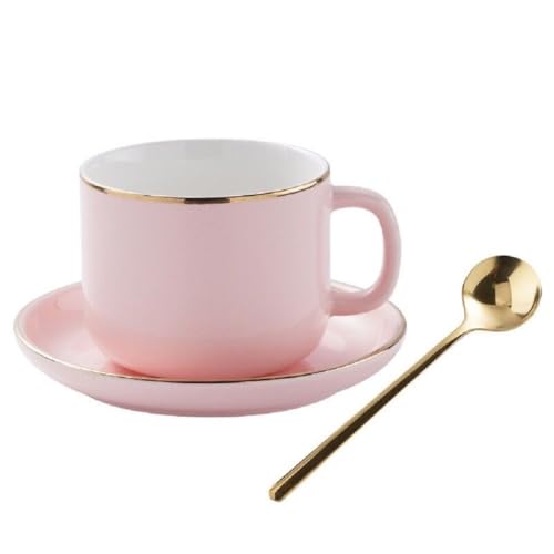 SuperglockT Kaffeetassen Set 280ml Espressotasse mit Untertasse und Löffel Goldrand Keramiktasse Teetasse Nachmittagstasse Geschenk für Frauen Mama Freundin Kollegin (Rosa) von SuperglockT