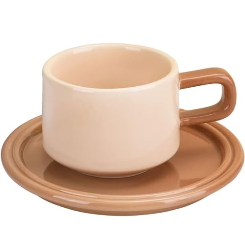 SuperglockT Keratives Kaffeetassen Set 250ml Espressotasse mit Untertasse Moderne Teetasse Cappuccinotasse Keramiktasse Geschenk für Muttertag Geburtstag Valentinstag (Beige+Kaffee) von SuperglockT