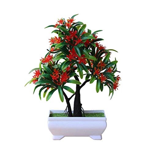 SuperglockT Künstliche Pflanzen Blumen Kunstbonsai Mini Künstlicher Baum im Topf Kunststoff Büsche Topfblumen Deko für Büro Küche Garten Hochzeit 25cm Hohe (Abendsonne-Rot) von SuperglockT