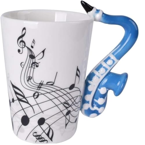 SuperglockT Lusitig Musik Motiv Kaffeetasse Saxophon Henkel Kaffeebecher Keramik Kakaobecher 240ml Porzellan Teetasse Geschenk Tasse für Musiklieber Mutter Freunden Ø7,5 H10cm (Blau) von SuperglockT