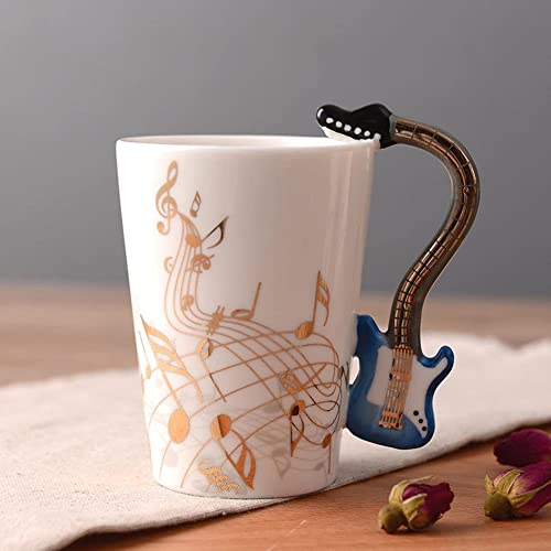 SuperglockT Porzellan Kaffeetasse Teetasse Gold Notenschlüssel bedrukt Kakaobecher Geschenkidee Kaffeebecher Instrument Griff Keramiktasse 250ml (Blau- Gitarre) von SuperglockT