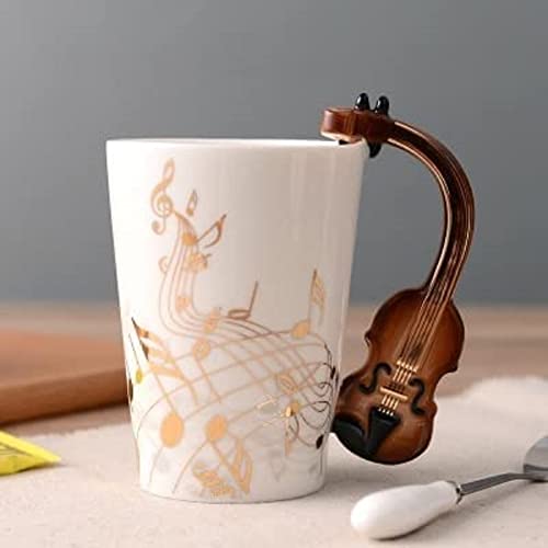 SuperglockT Porzellan Kaffeetasse Teetasse Gold Notenschlüssel bedrukt Kakaobecher Geschenkidee Kaffeebecher Instrument Griff Keramiktasse 250ml (Geige) von SuperglockT