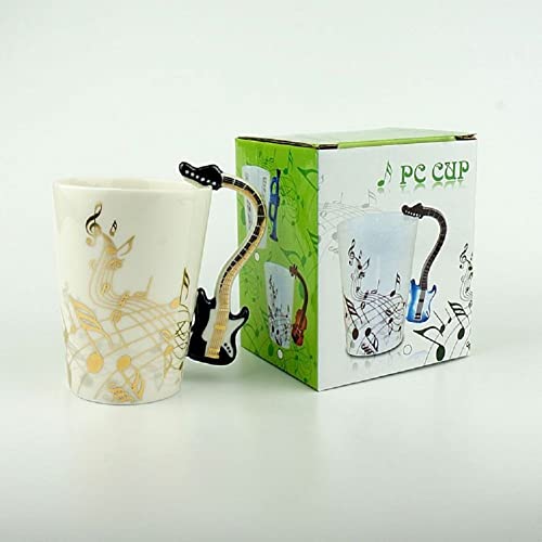 SuperglockT Porzellan Kaffeetasse Teetasse Gold Notenschlüssel bedrukt Kakaobecher Geschenkidee Kaffeebecher Instrument Griff Keramiktasse 250ml (Schwarz- Gitarre) von SuperglockT