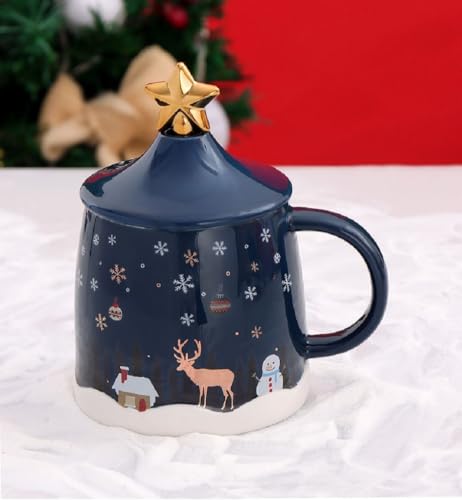 SuperglockT Süße Weihnachten Kaffeetasse 400ml Weihnachtstasse Trinkbecher mit Deckel und Löffel Cartoon Weihnachtsmotiv Muater Milchbecher für Frauen Freundin Kollege Mutter (Blau) von SuperglockT