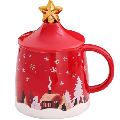 SuperglockT Süße Weihnachten Kaffeetasse 400ml Weihnachtstasse Trinkbecher mit Deckel und Löffel Cartoon Weihnachtsmotiv Muater Milchbecher für Frauen Freundin Kollege Mutter (Rot) von SuperglockT