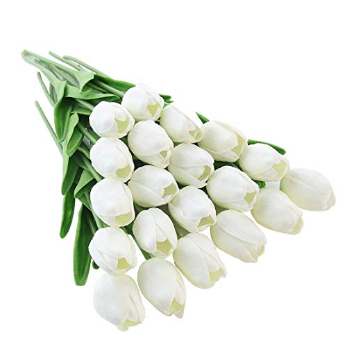 SuperglockT Tulpen Kunstblumen aus Latex Real Touch künstliche Tulpen Blumen wie echt Brautstrauß Bouquets für Hochzeit Party Garten Hotel Zimmer Deko (Weiß, 10 Stück) von SuperglockT