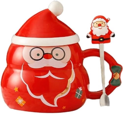 SuperglockT Weihnachtstasse mit Löffel 480ml Keramik Kaffeetasse Weihnachtsbaum design Kaffeebecher mit Weihnachtsmütze Deckel Weihnachtsmotive Bürotasse Geschenkidee (Rot) von SuperglockT