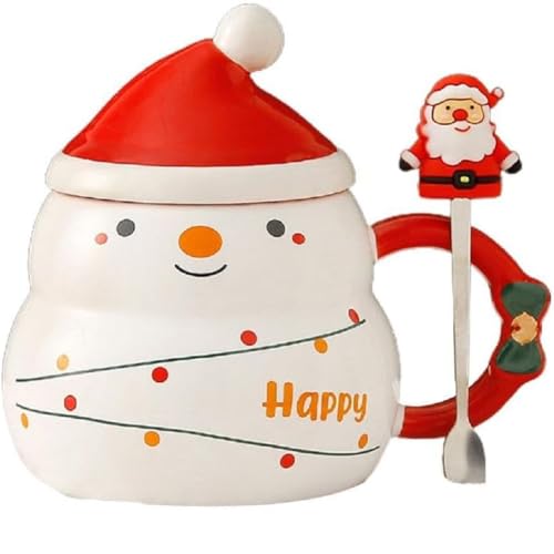 SuperglockT Weihnachtstasse mit Löffel 480ml Keramik Kaffeetasse Weihnachtsbaum design Kaffeebecher mit Weihnachtsmütze Deckel Weihnachtsmotive Bürotasse Geschenkidee (Schneemann) von SuperglockT