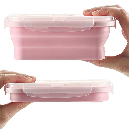 SuperglockT Zusammenklappbar Silikon Lunchbox Bentobox Faltbare Frischhaltedose Erwachsene Kinder leicht tragbar Frühstücksbox Brotdose Essensbox Mikrowellenfest (Rosa, 500ML) von SuperglockT